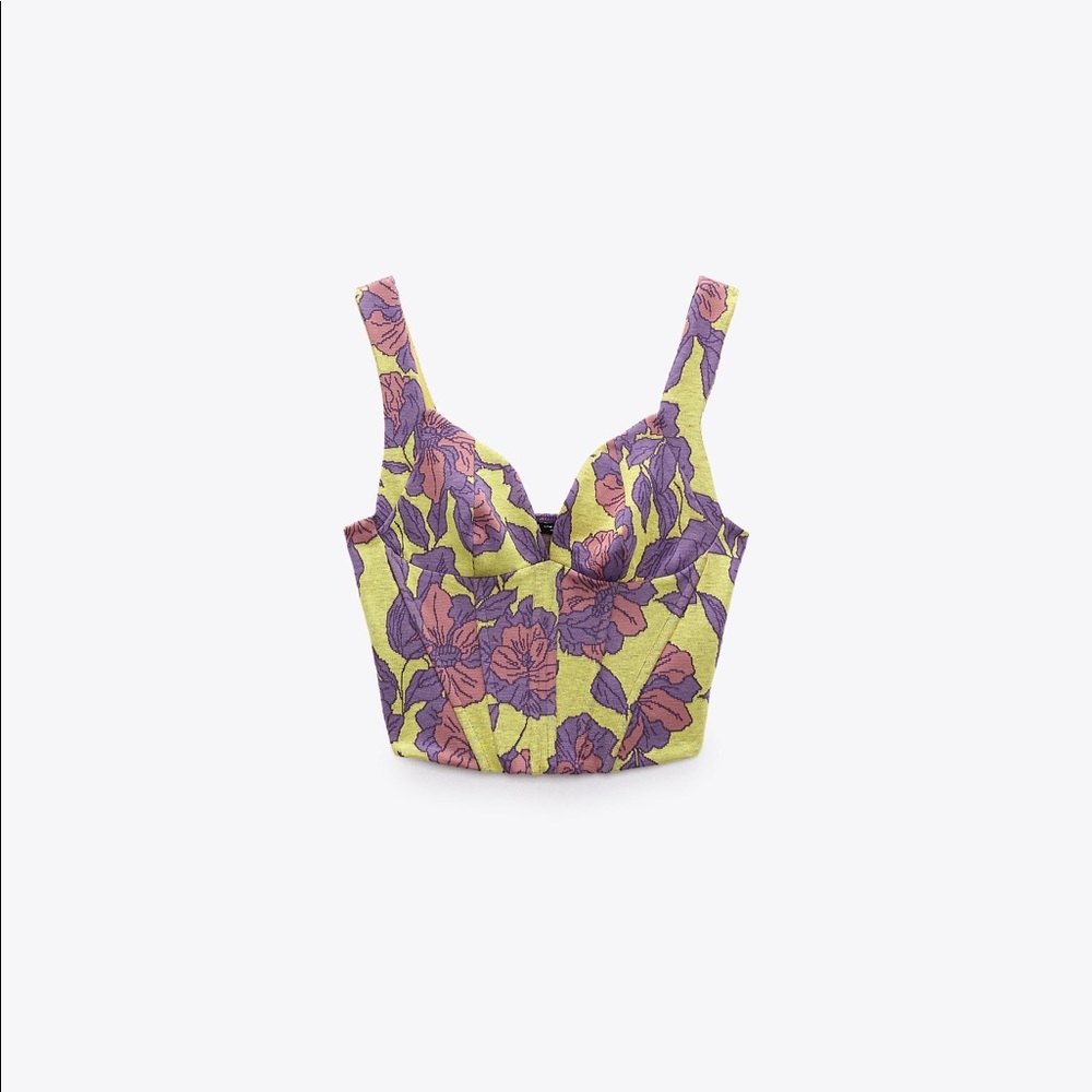 Zara Yellow Floral Structured Crop Top with Purple and Pink Print